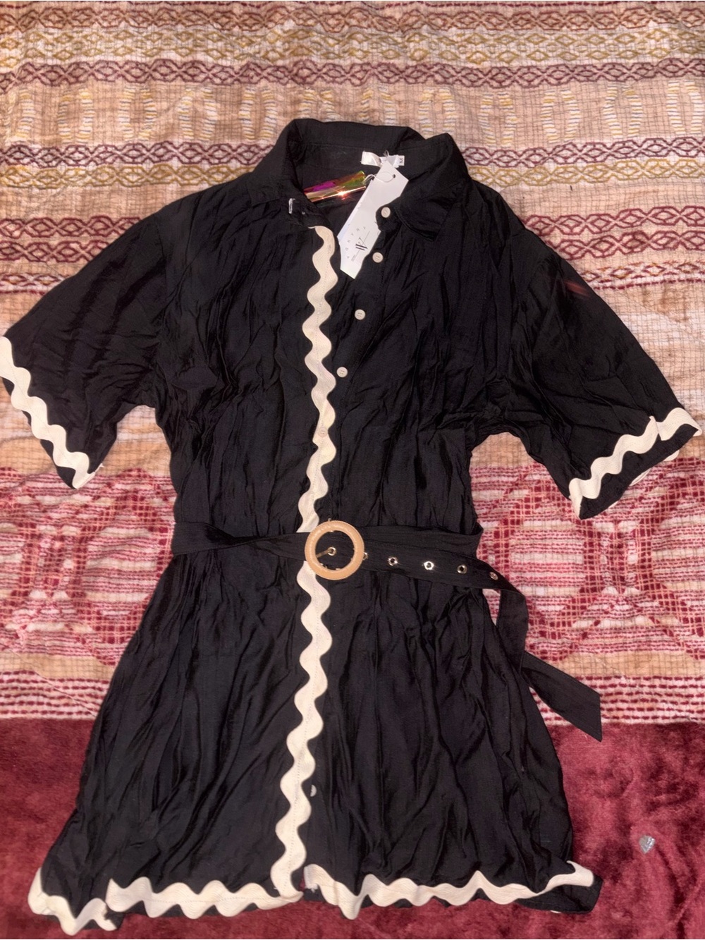 JM Collection Black Short-Sleeve Ric Rac-Trim Belted Blazer